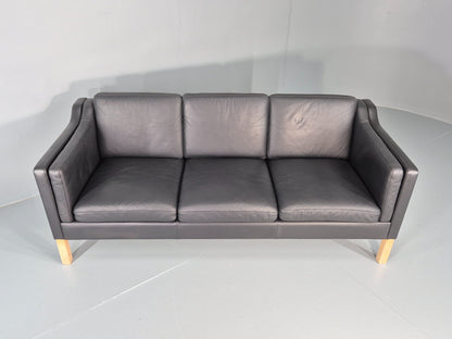 Vintage 3 Seater Sofa Danish Black Leather Mogensen Style Retro MCM 80s EB12440