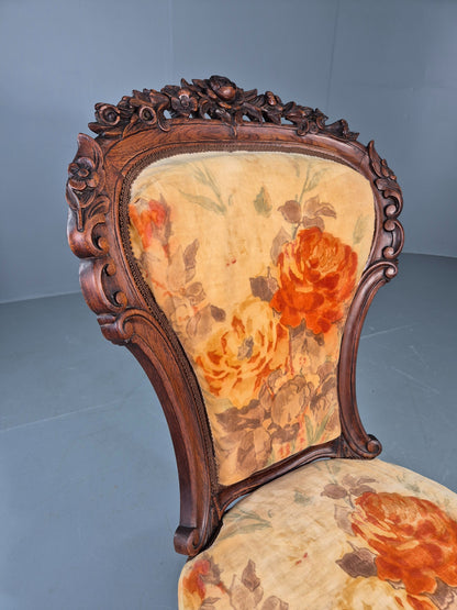 Antique Mahogany Baloon Back Armless Chair Floral Cotton Upholstery EB12793
