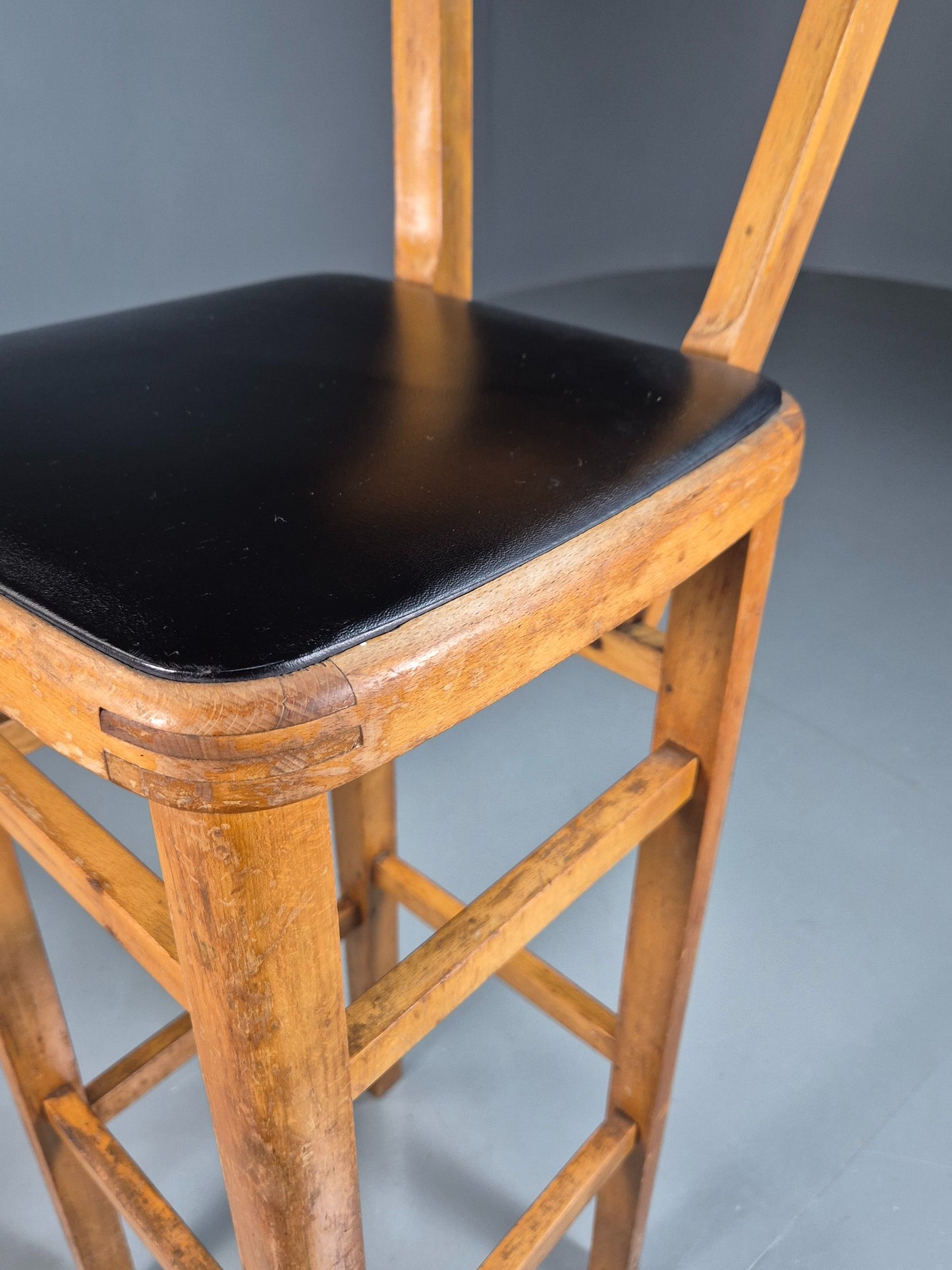Vintage Mid-century Black Vinyl and Beech Bar Stool 1960s Retro EB07918