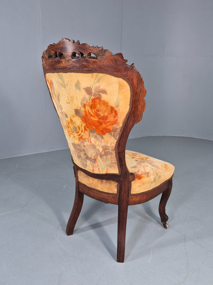 Antique Mahogany Baloon Back Armless Chair Floral Cotton Upholstery EB12793