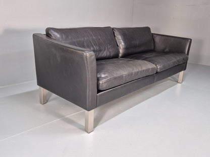 Vintage 3 Seater Stouby Sofa 1990s Black Leather Steel Legs Retro MCM  EB09079