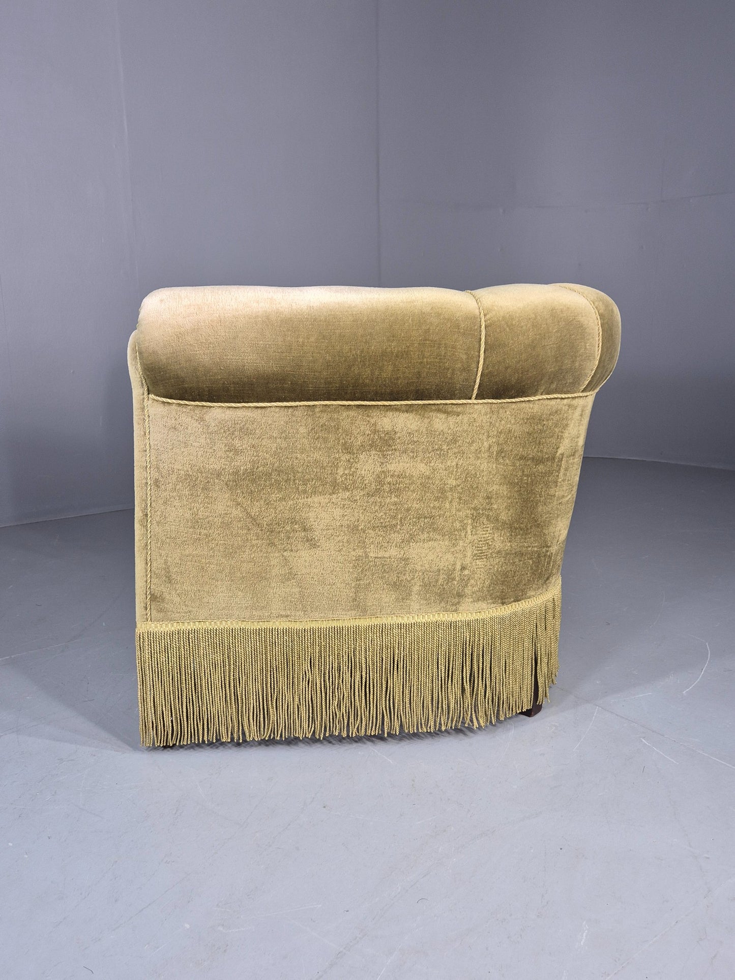 Vintage Danish Art Deco Tub Chair Green Velour Tassels 1940s  EB12710