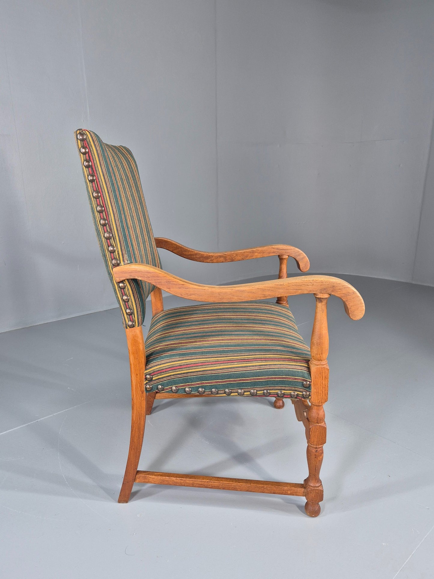 Vintage Danish Baroque Style Arm Chair Oak and Striped Wool 1960s  EB12460