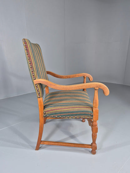 Vintage Danish Baroque Style Arm Chair Oak and Striped Wool 1960s  EB12460