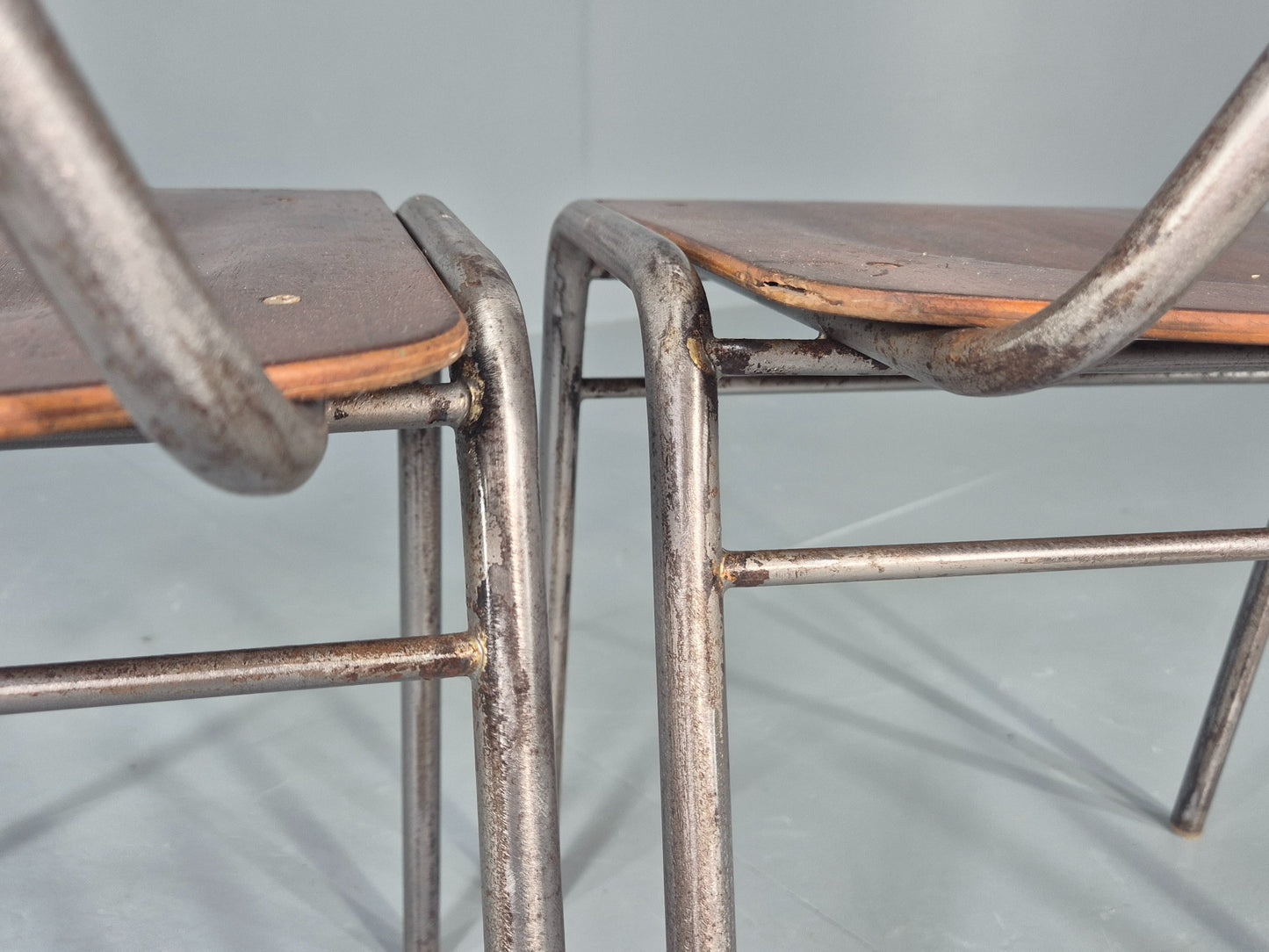 2 Vintage Danish Stacking Industrial Chairs Teak Ply and Steel 1960s  EB12401