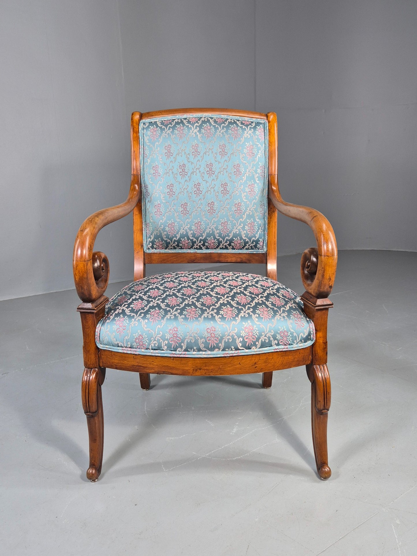 Antique Mahogany Arm Chair Louis Phillipe Style Floral Damask EB12858