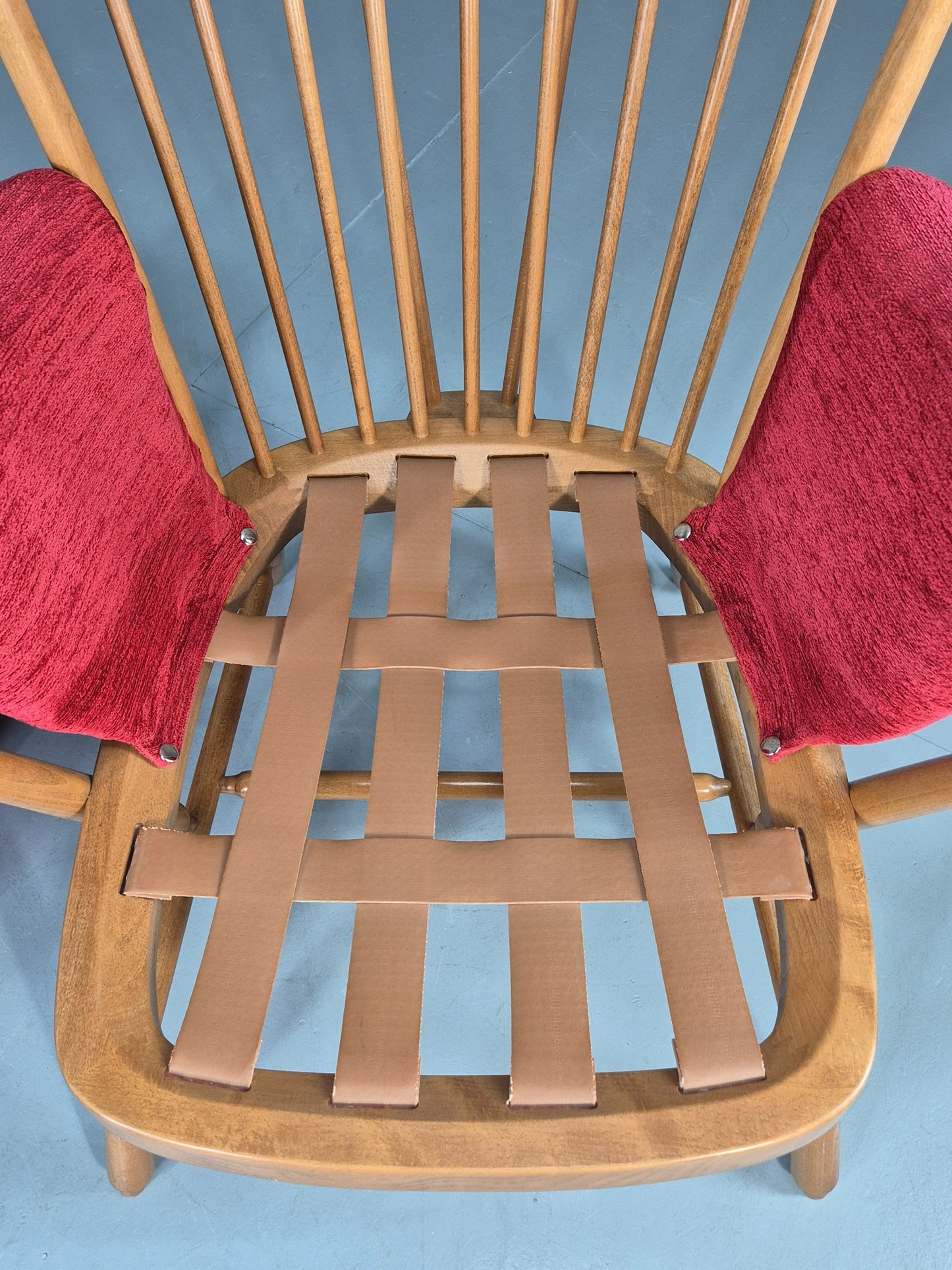 Ercol Evergreen Vintage Lounge Chair High Back Red Chenille Retro EB12859