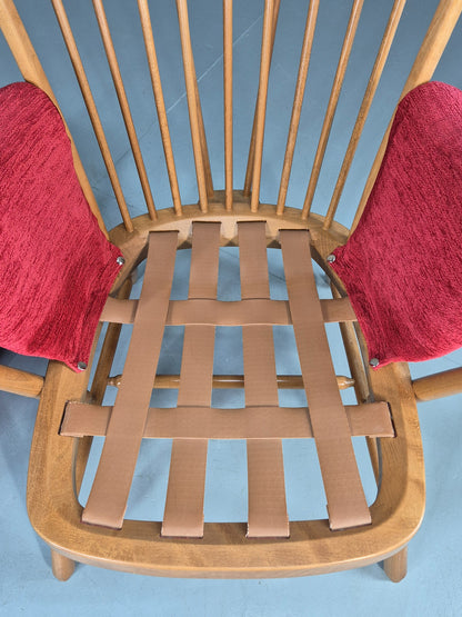 Ercol Evergreen Vintage Lounge Chair High Back Red Chenille Retro EB12859