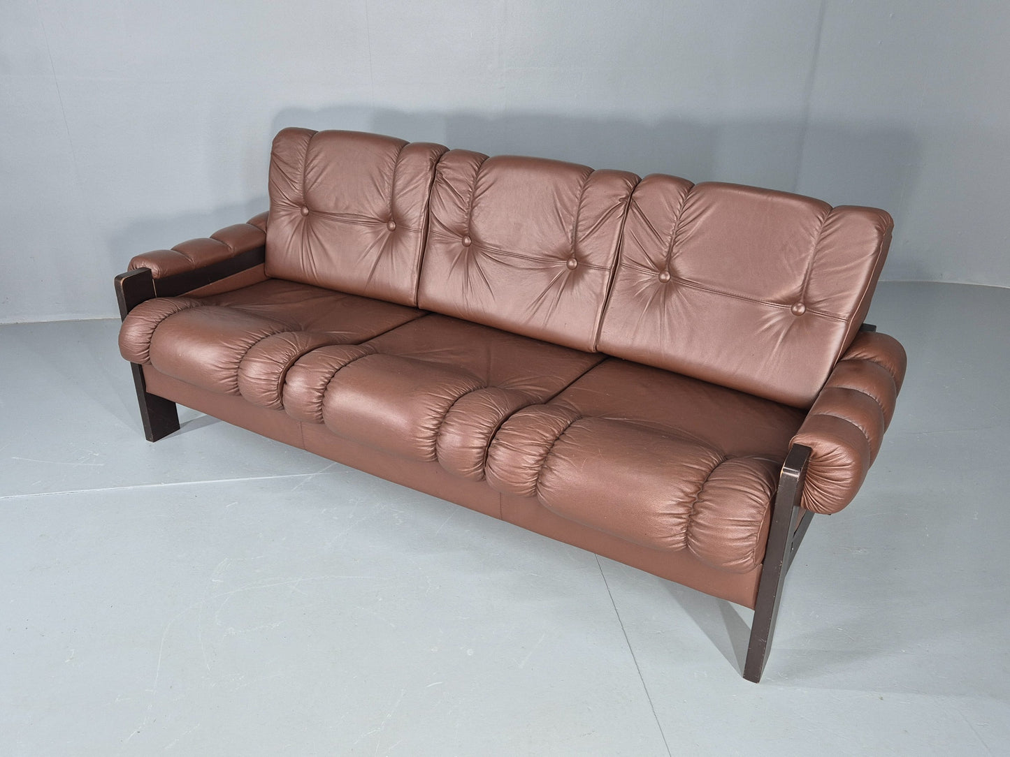 Vintage 3 Seater Sofa Danish Brown Leather 1970s Retro Mid Century EB12449