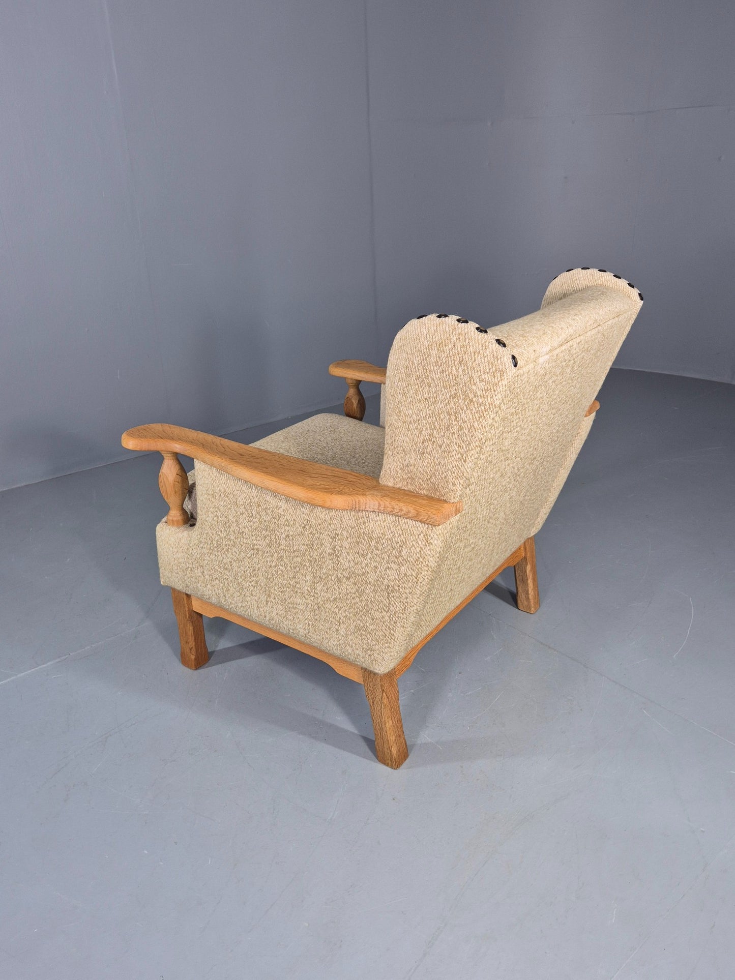 Vintage 1970s Lounge Chair Low Wing Back Kjaernulf Style Oak Retro Cream EB12719