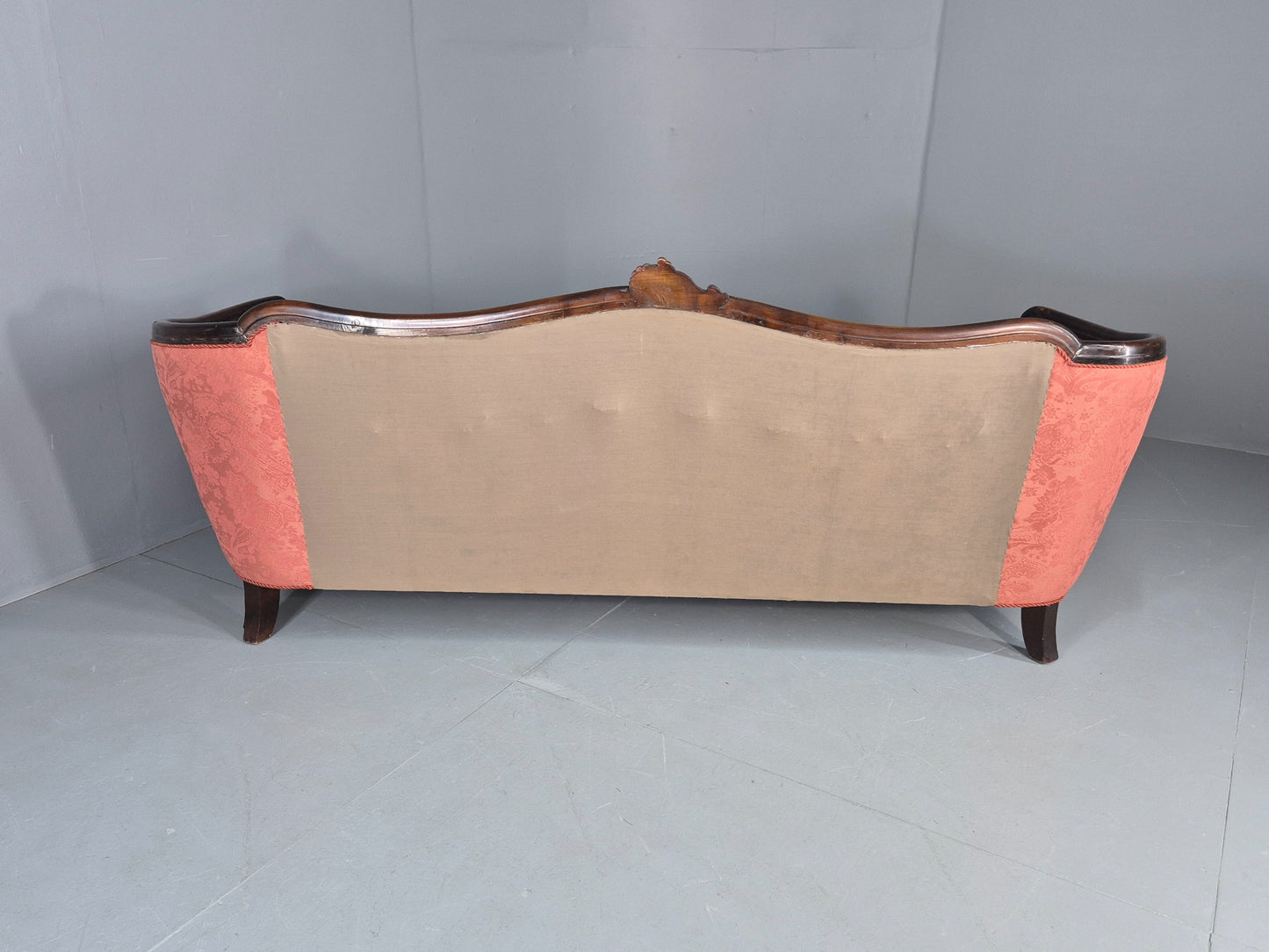Vintage Danish Art Deco 3 Seater Sofa Carved Hardwood Frame Pink Damask EB12742