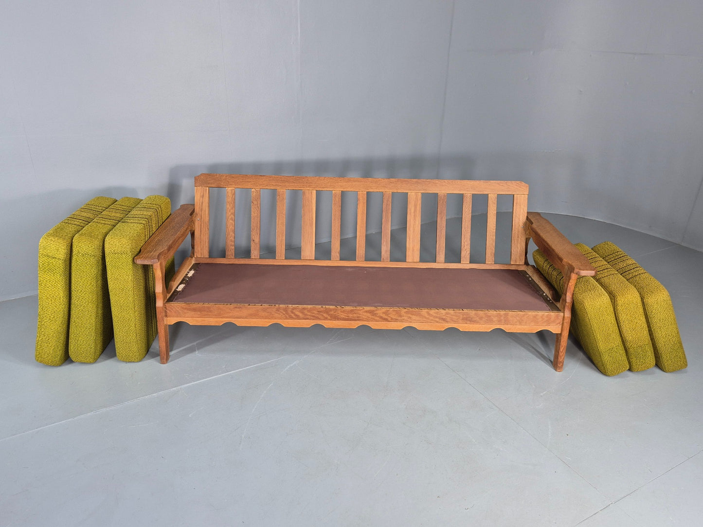 Vintage Danish 3 seater Sofa Oak Kjaenulf Green Cushions 1970s Retro EB12781