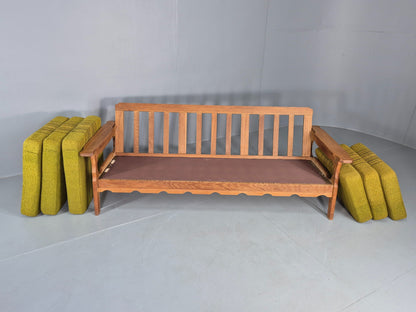 Vintage Danish 3 seater Sofa Oak Kjaenulf Green Cushions 1970s Retro EB12781