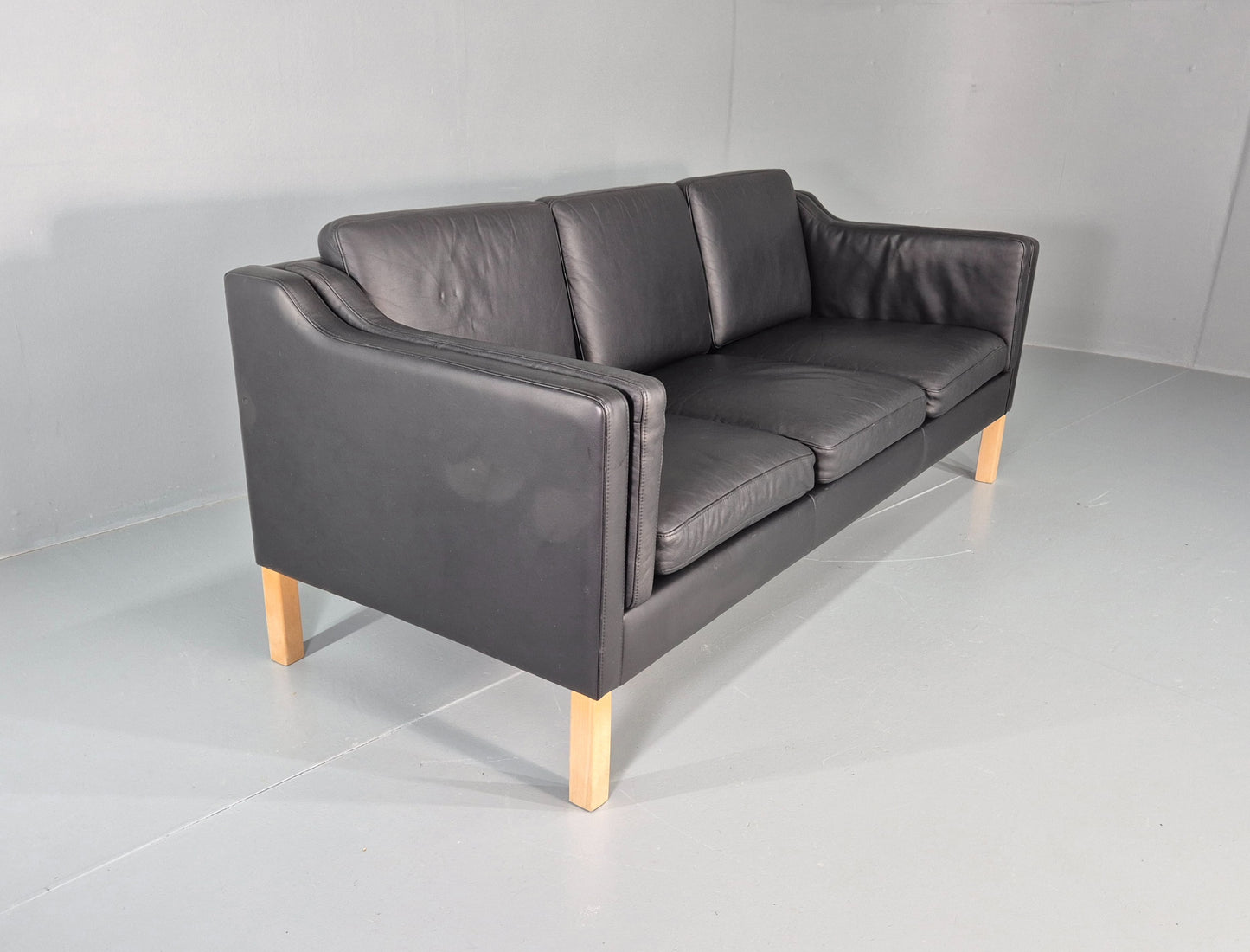 Vintage 3 Seater Sofa Danish Black Leather Mogensen Style Retro MCM 80s EB12440