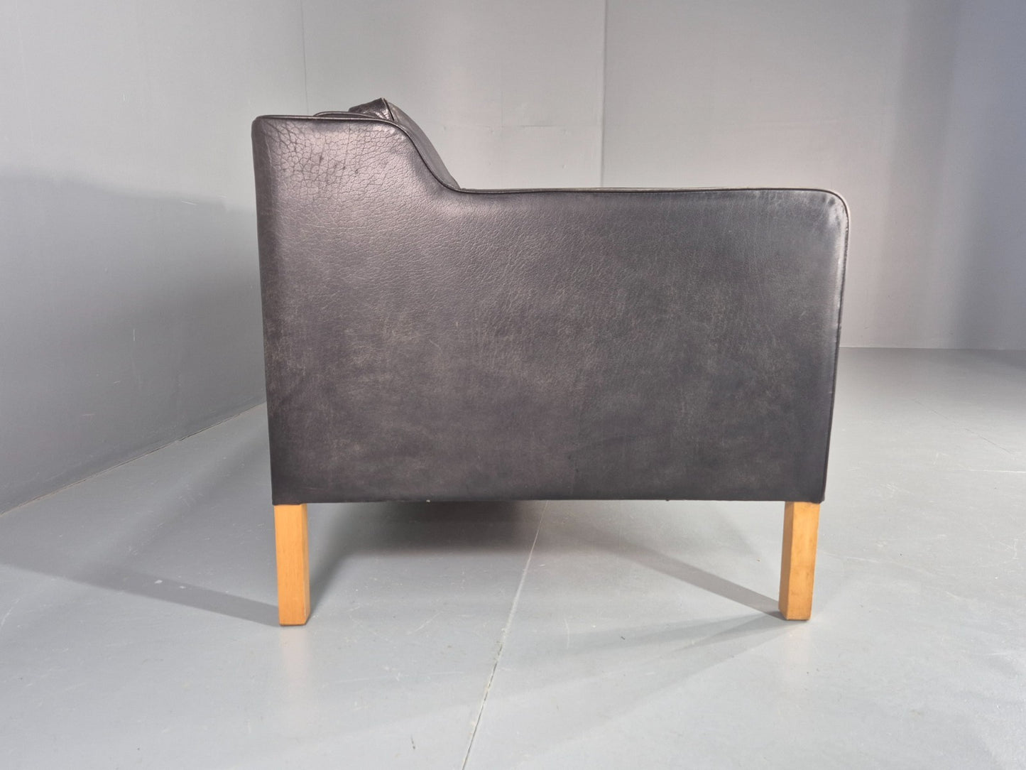 Danish Mid-Century 3-Seater Black Leather Sofa — Vintage Mogensen Style, Solid Wood Frame