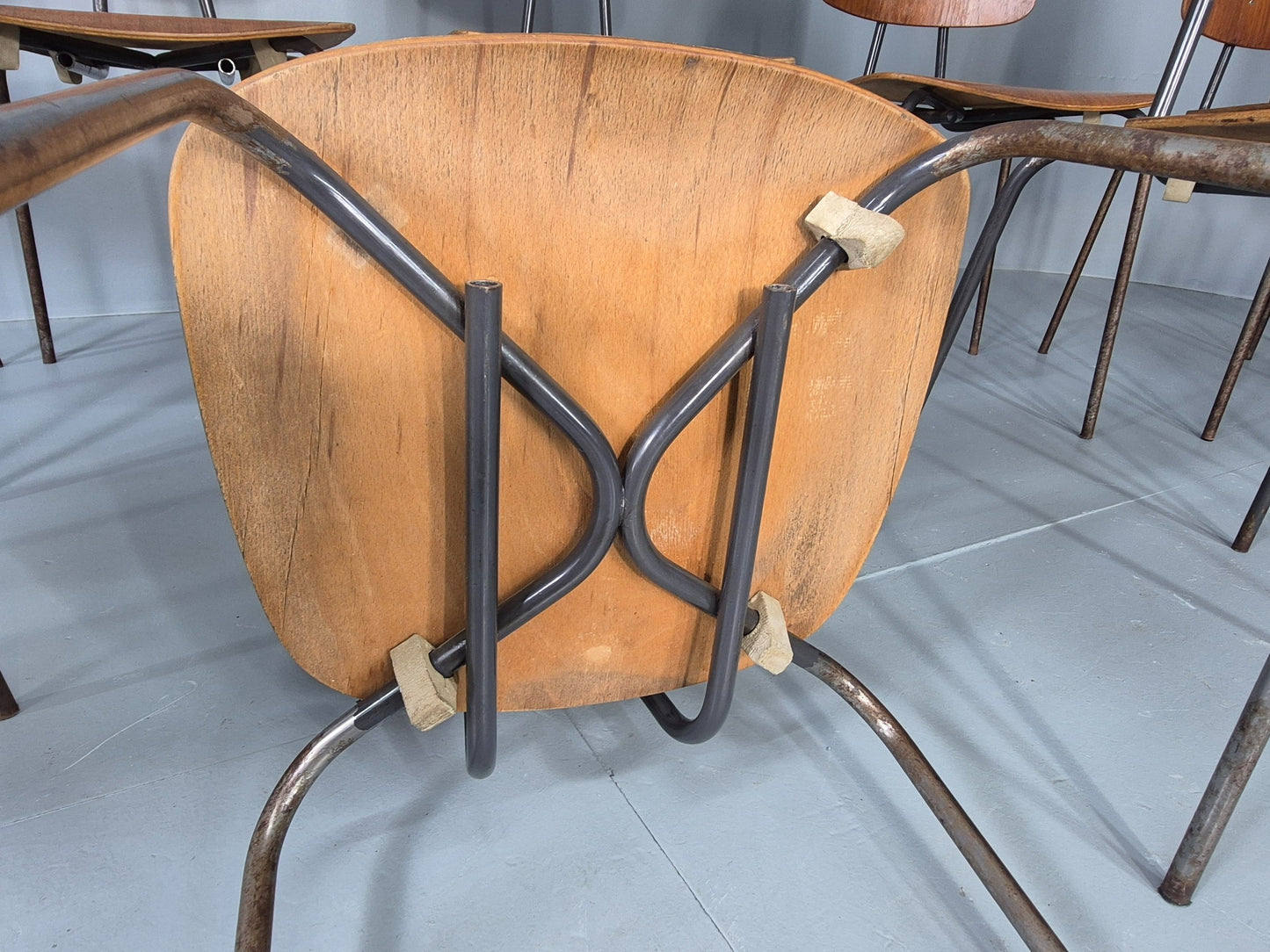 12 Vintage Danish Stacking Industrial Chairs Teak and Steel 1960s Retro EB12402