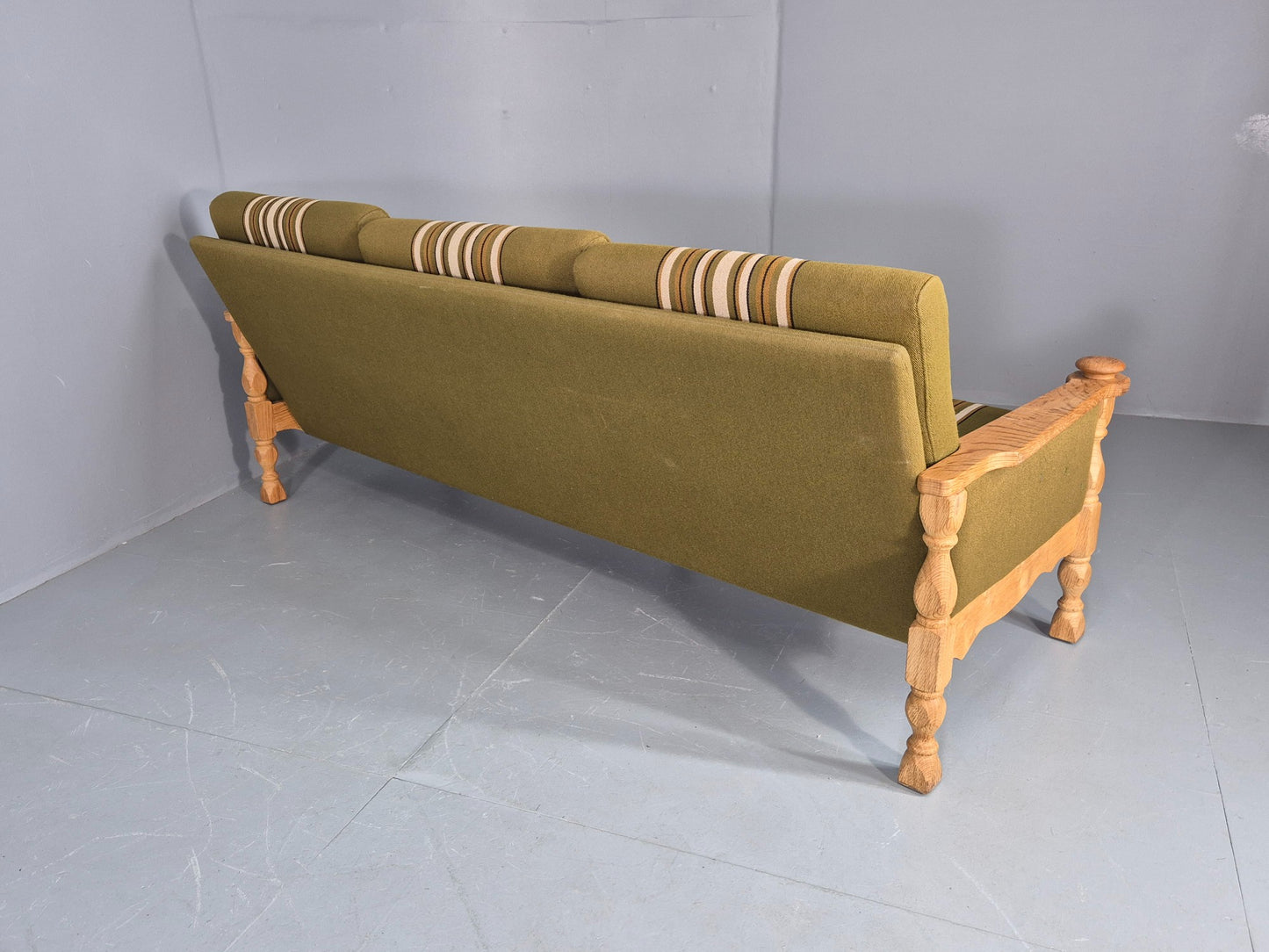 Vintage Danish 3 seater Sofa Oak Kjaenulf Green Cushions 1970s Retro EB12782