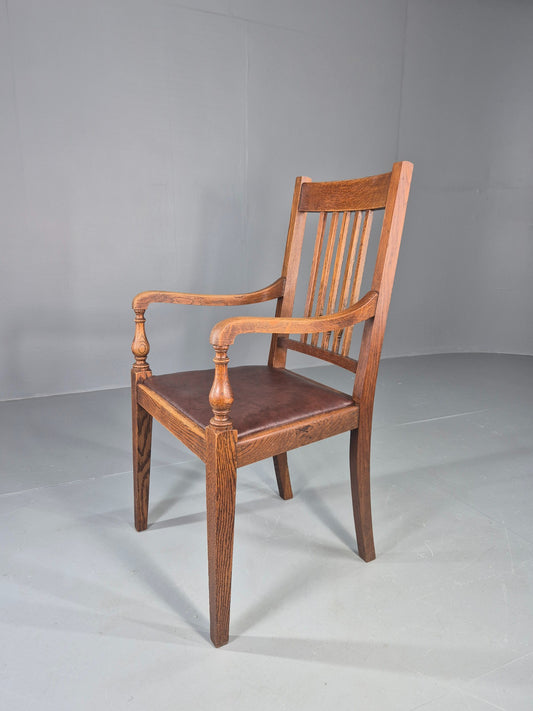 Antique Oak Elbow Chair Arts and Crafts Edwardian Vinyl Seat  EB12525