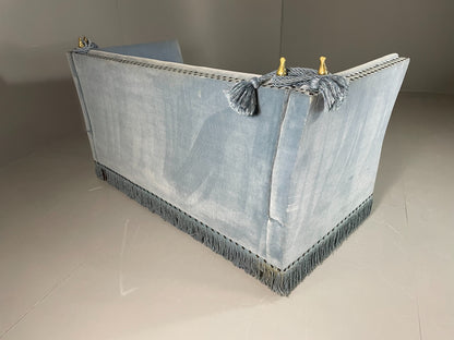 Vintage 2 Seater Knole Sofa Danish Blue Velvet Velour 1950s Tassles Trim EB06007