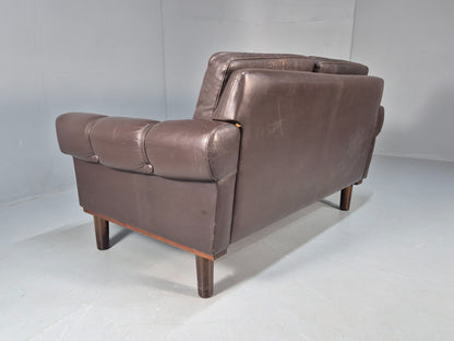 Vintage Danish 2 Seater Brown Leather 1970s Retro Danish MCM Buttoned EB09944