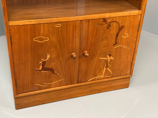 Vintage 1950s Walnut Bookcase Marquetry Art Deco Style Glass Doors EB10961