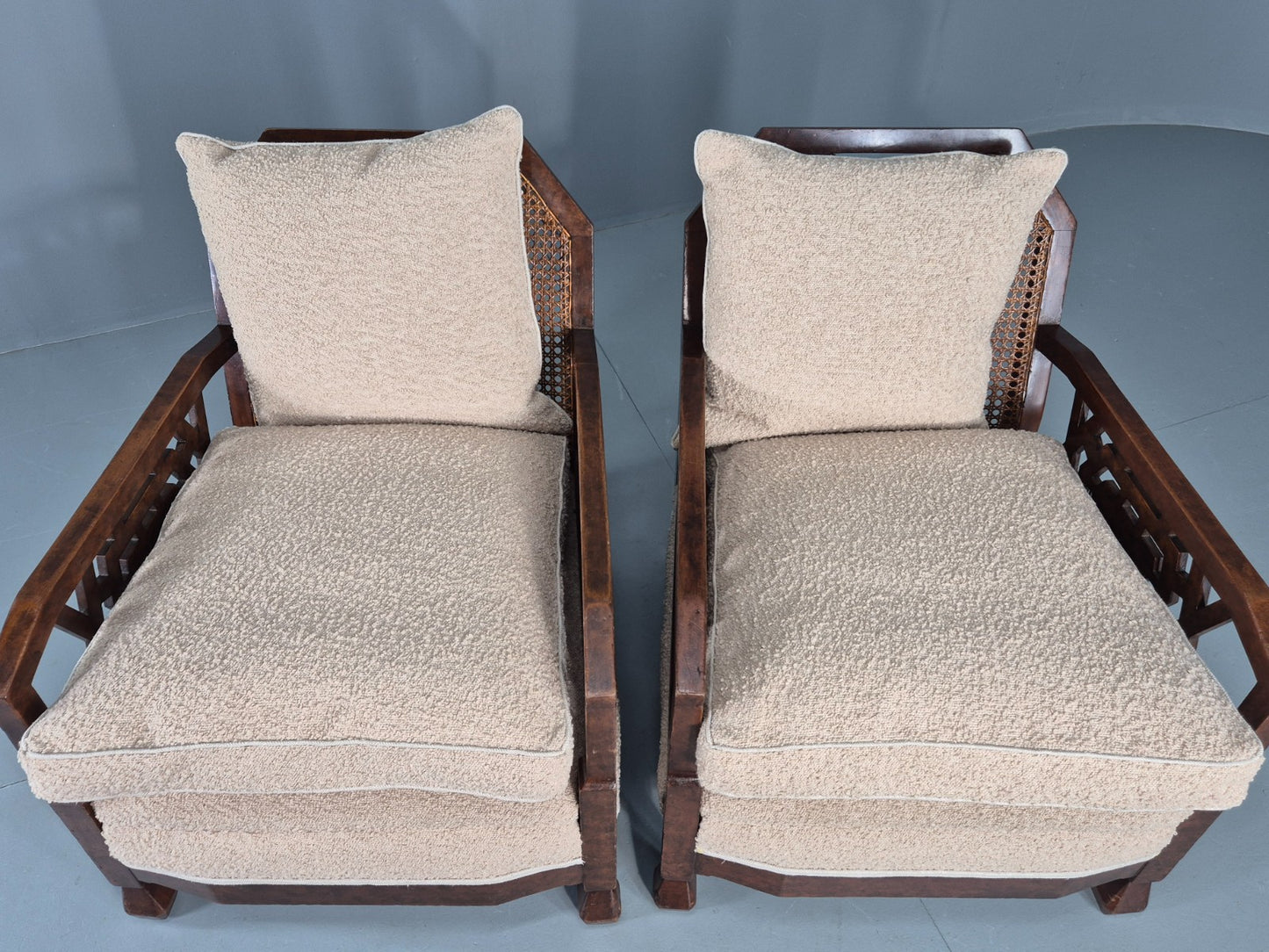 Vintage Art Deco Pair Armchairs Dappled Walnut White Boucle Bergere EB12556