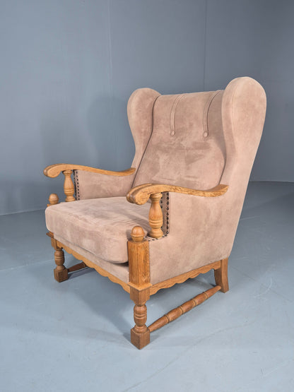 Vintage Wing Back Lounge Chair 1970s Danish Faux Suede on Oak Frame EB12774