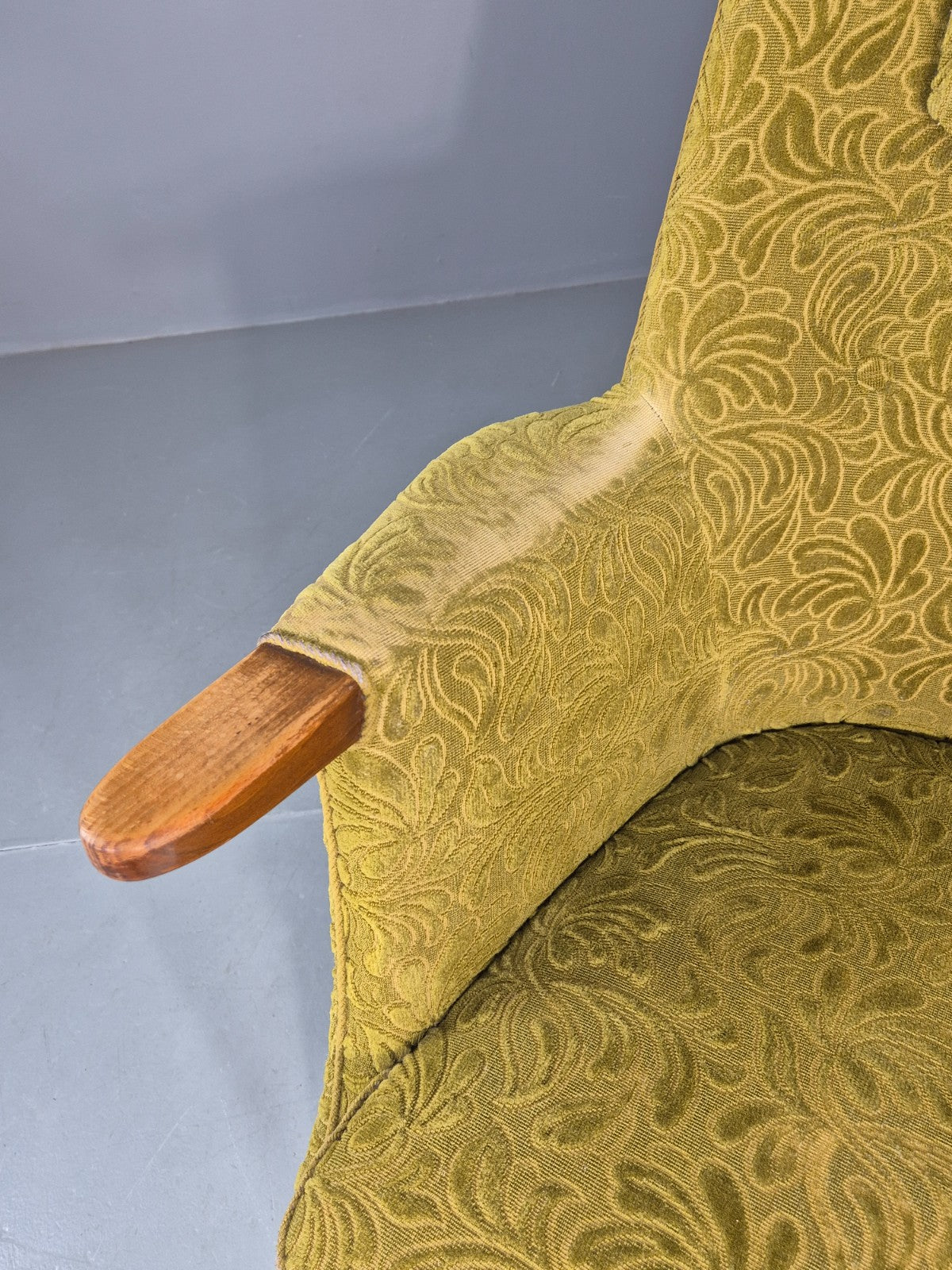 Vintage Danish Lounge Chair Green Floral Moquette Teak Detail MCM Retro EB13040
