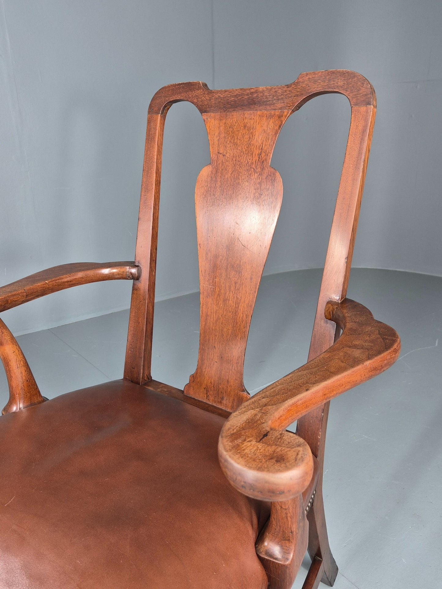 Antique Georgian Elbow Chair Mahogany Frame Leather Seat Splat Back EB11933