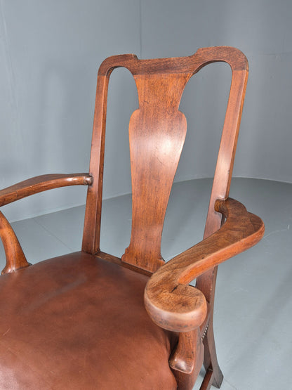 Antique Georgian Elbow Chair Mahogany Frame Leather Seat Splat Back EB11933