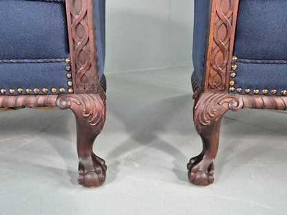 2 Vintage Danish Antique Tub Chairs Rope Twist Oak Ball Claw 1900s EB12684