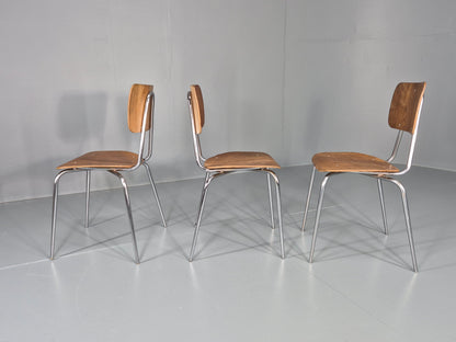 3 Vintage Danish Stacking Industrial Chairs Teak and Steel Retro 1960s EB12404