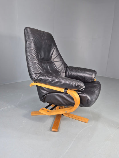 Vintage Danish Swivel Recline Chair Black Leather Bentwood 1980s Retro EB9254