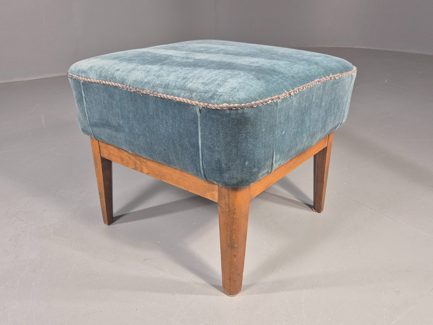 Vintage Danish Mid Century Footstool Blue Velour Upholstery 1950s Retro EB12053