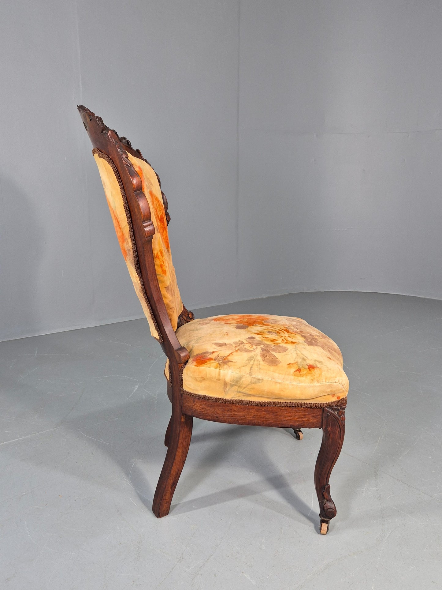 Antique Mahogany Baloon Back Armless Chair Floral Cotton Upholstery EB12793