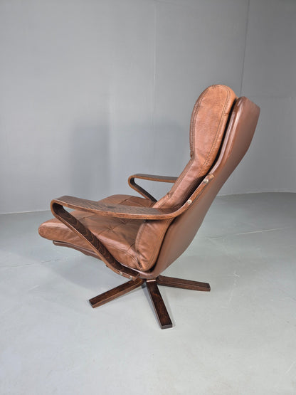 Vintage Danish Swivel Rock Lounge Chair Bentwood Frame Leather MCM Retro EB13090