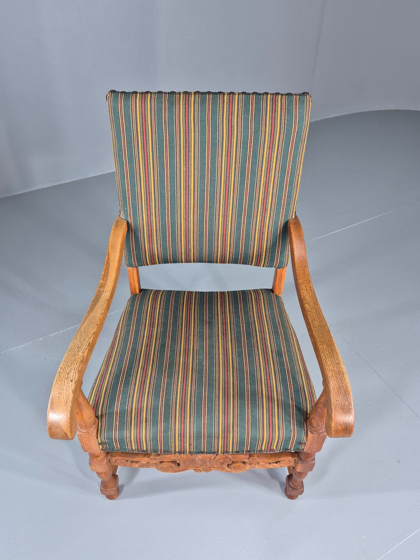 Vintage Danish Baroque Style Arm Chair Oak and Striped Wool 1960s  EB12460