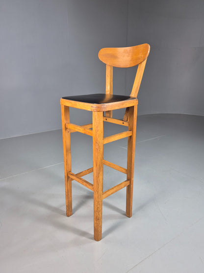 Vintage Mid-century Black Vinyl and Beech Bar Stool 1960s Retro EB07918
