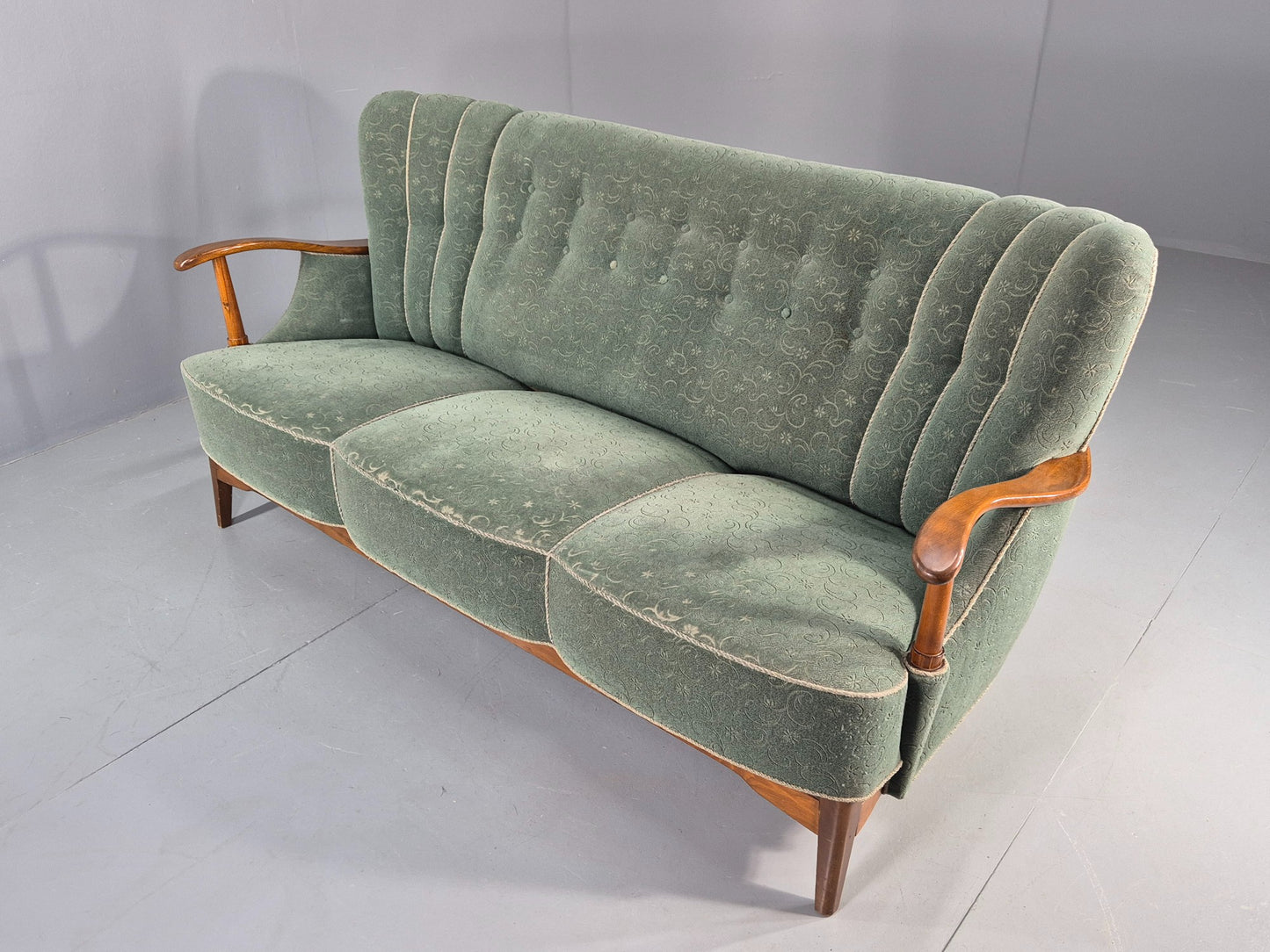 Danish 1950s 3 seater Sofa Shell Back Green Moquette Curved Front EB12768