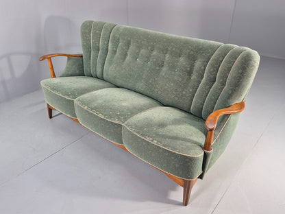 Danish 1950s 3 seater Sofa Shell Back Green Moquette Curved Front EB12768