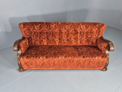 Vintage 3 Seat Sofa Danish Art Deco Era Carved Oak Frame Moquette Cloth EB12751