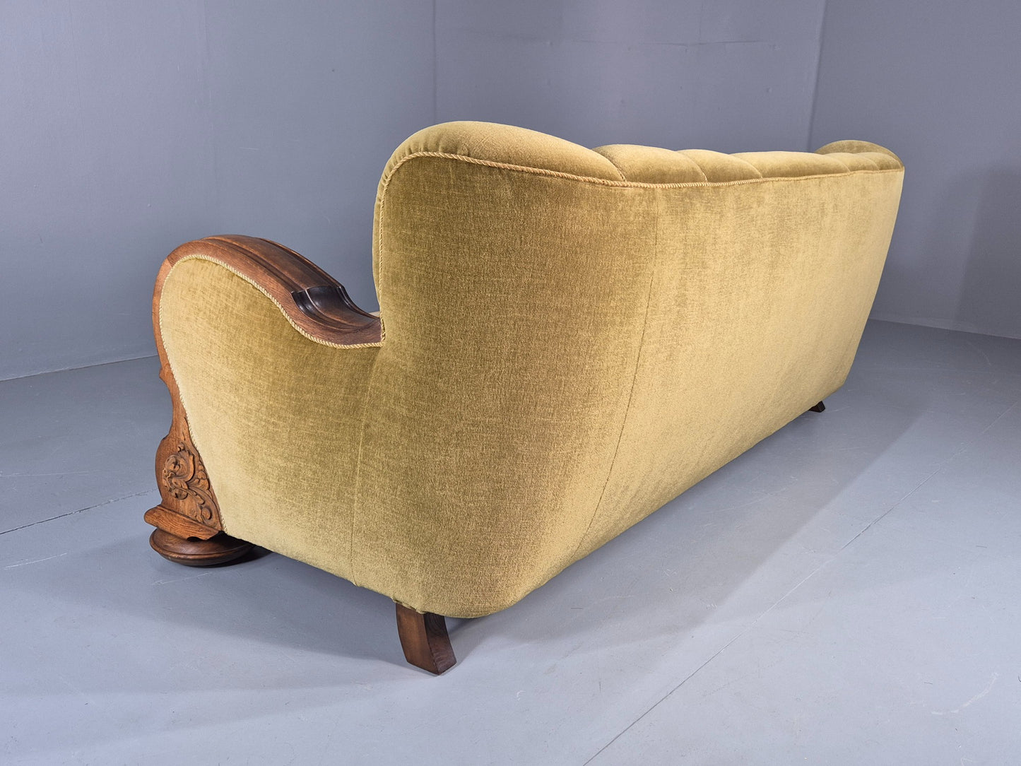 Vintage Danish 3 Seater Sofa 1940s Craved Oak Frame Shell Back Art Deco 12836