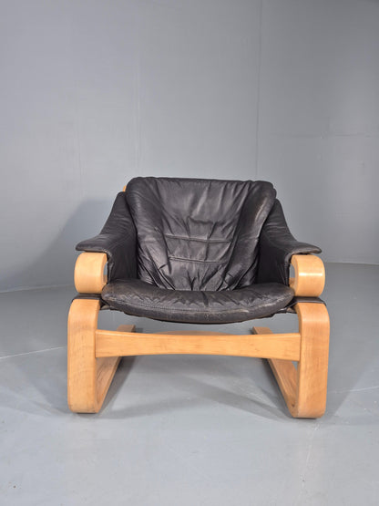 Vintage 1970s Lounge Chair Krokken By Fribytter Leather Bentwood Retro EB11999