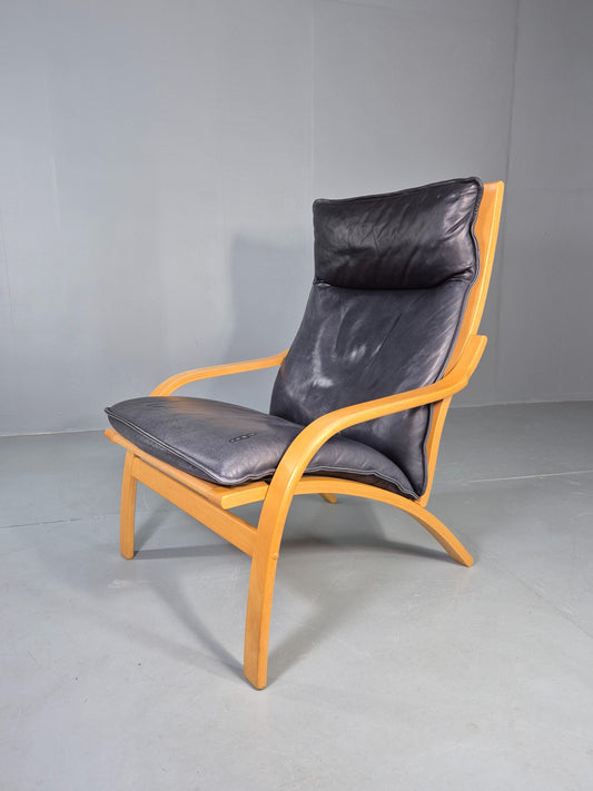 Vintage Danish Lounge Chair Bent Wood Frame Black Leather Cushion 1980s EB13077