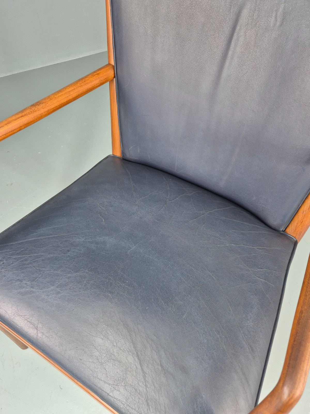 Vintage Mid Century Teak Armchair Blue Leather 1960s Retro EB11906