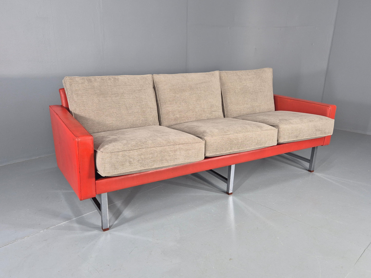 Vintage 3 Seat Sofa 1960s Swedish Red Leather New Cushions MCM Retro  EB11121
