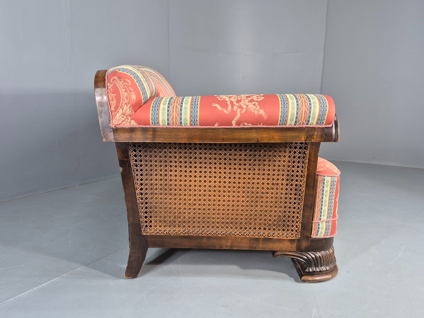 Vintage 3 Seater Sofa Art Deco Bergere Walnut Frame Cotton Colourful EB12734