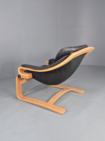 Vintage 1970s Lounge Chair Krokken By Fribytter Leather Bentwood Retro EB11999