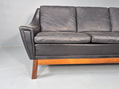 Vintage Mid Century 3 Seater Sofa Black Leather Danish 1960s Retro EB10403