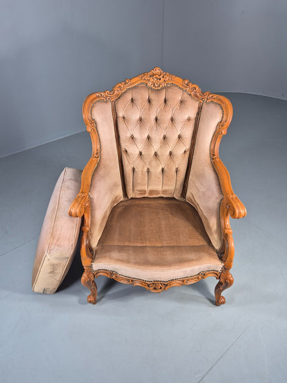 Vintage Danish Rococo Armchair Beech Frame Biege Velour 1970s Retro EB12718